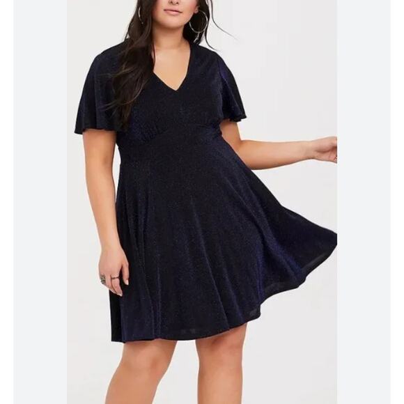 Torrid Mini Skater Dress Plus Size 2X Blue Shimmer Sparkle Short Sleeve - Picture 1 of 7